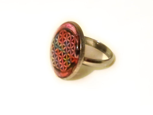 Handmade Sacred Geometry Flower of Life Ring – Colorful Abstract Art Glass Cabochon Ring, Spiritual Boho Statement Jewelry