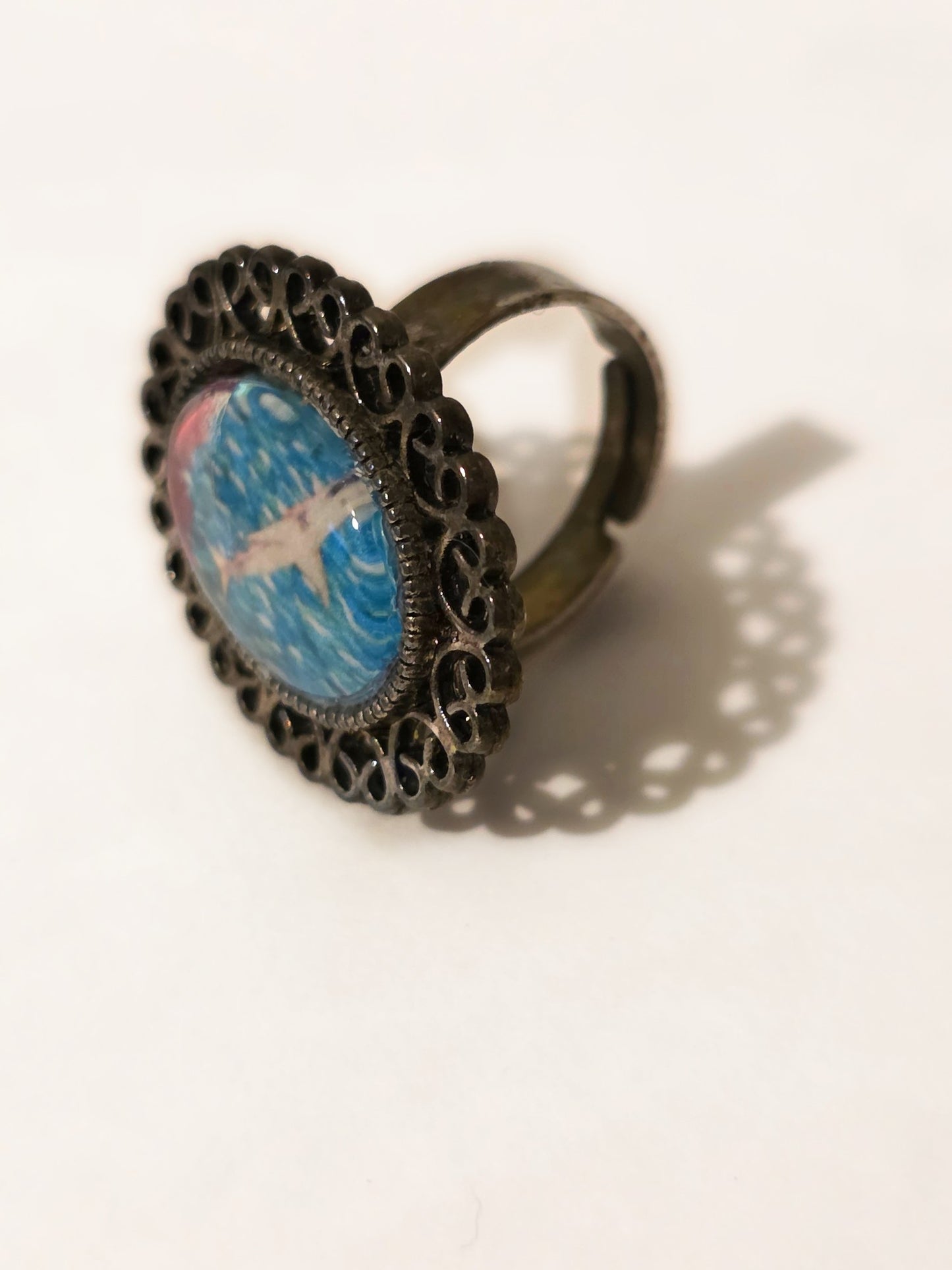 Vintage Style Shark Ring | Ocean Art Glass Cabochon Jewelry | Antique Bronze Filigree Statement Ring