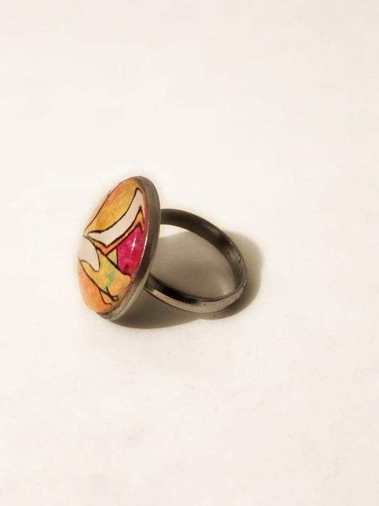 Two Lovers Handmade Fine Art Ring – Abstract Expressionist Glass Cabochon Ring, Romantic Warm Tone Statement Jewelry