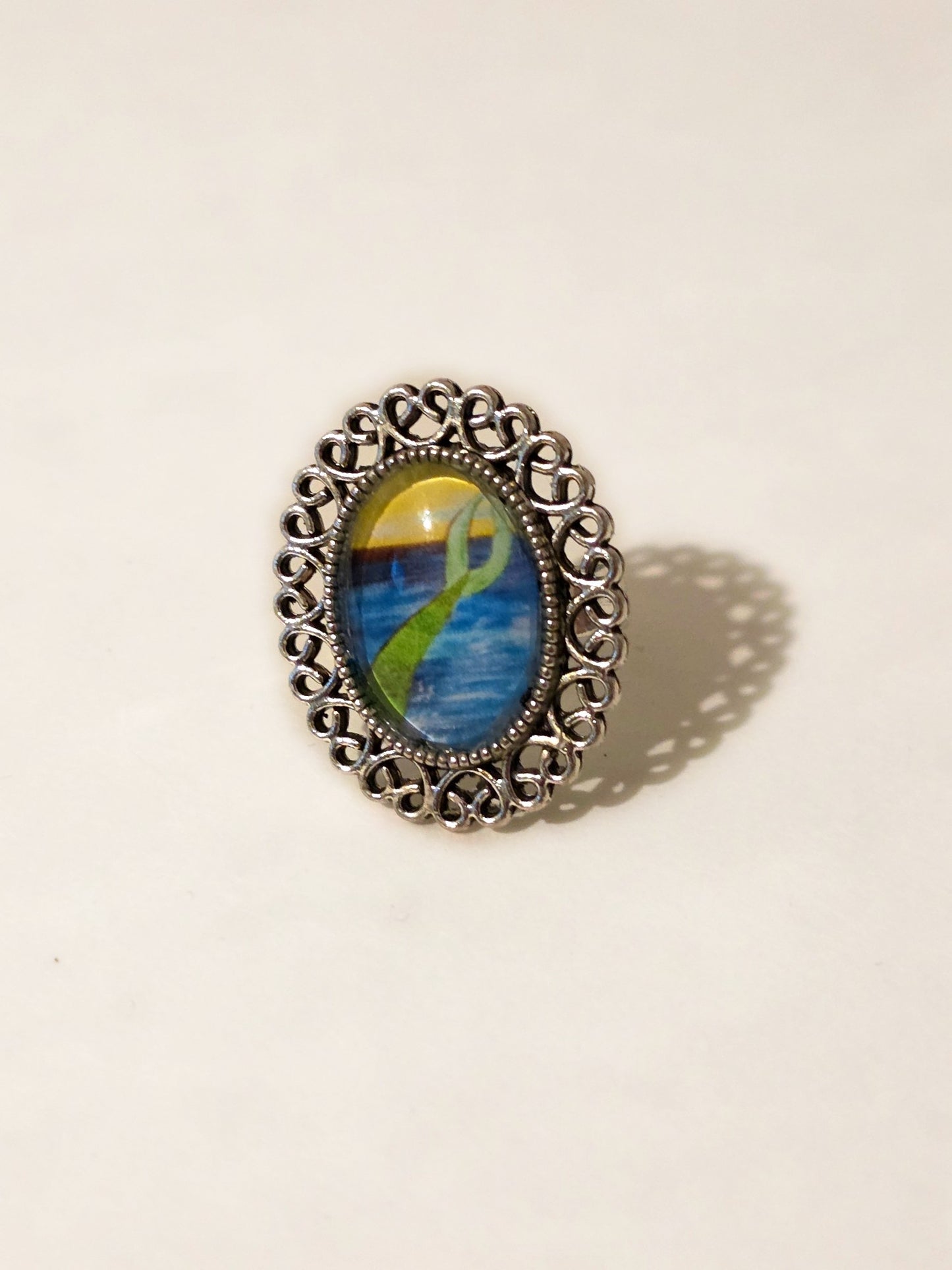 Handmade Mermaid Tail Sunset Ring – Antique Silver Filigree Statement Ring, Oceanic Fine Art Glass Cabochon Jewelry