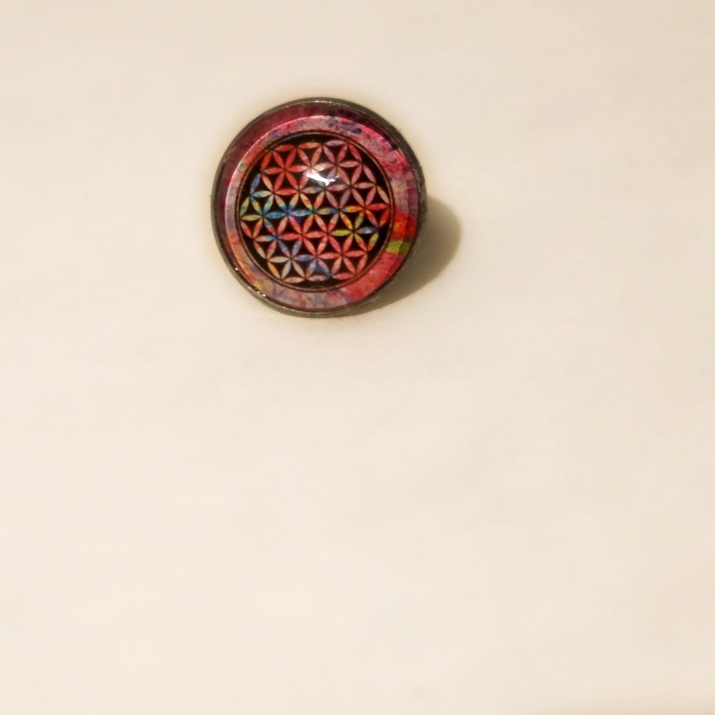 Handmade Sacred Geometry Flower of Life Ring – Colorful Abstract Art Glass Cabochon Ring, Spiritual Boho Statement Jewelry