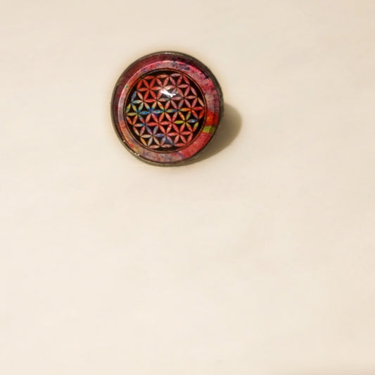 Handmade Sacred Geometry Flower of Life Ring – Colorful Abstract Art Glass Cabochon Ring, Spiritual Boho Statement Jewelry
