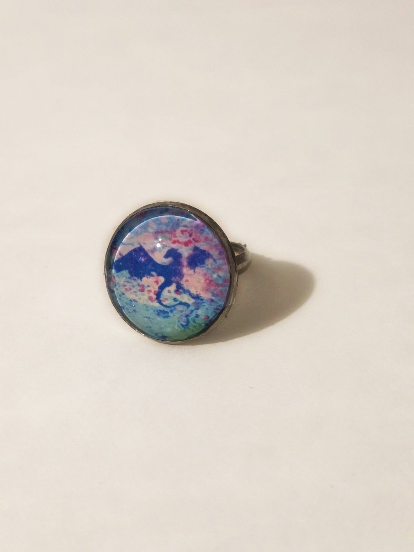Mystic Blue Dragon Glass Cabochon Ring | Watercolor Fantasy Jewelry | Adjustable Statement Ring for Fantasy Lovers