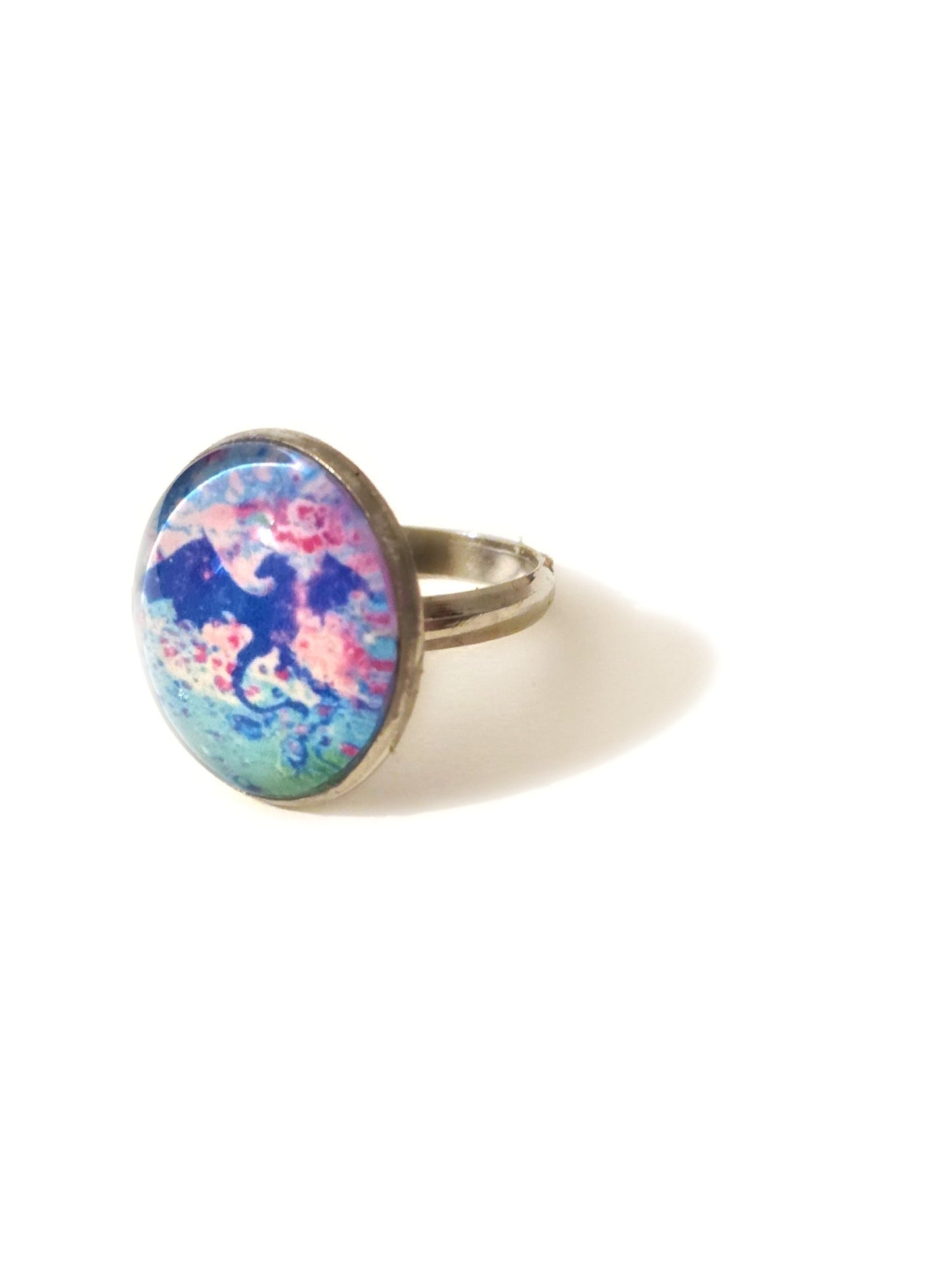 Mystic Blue Dragon Glass Cabochon Ring | Watercolor Fantasy Jewelry | Adjustable Statement Ring for Fantasy Lovers