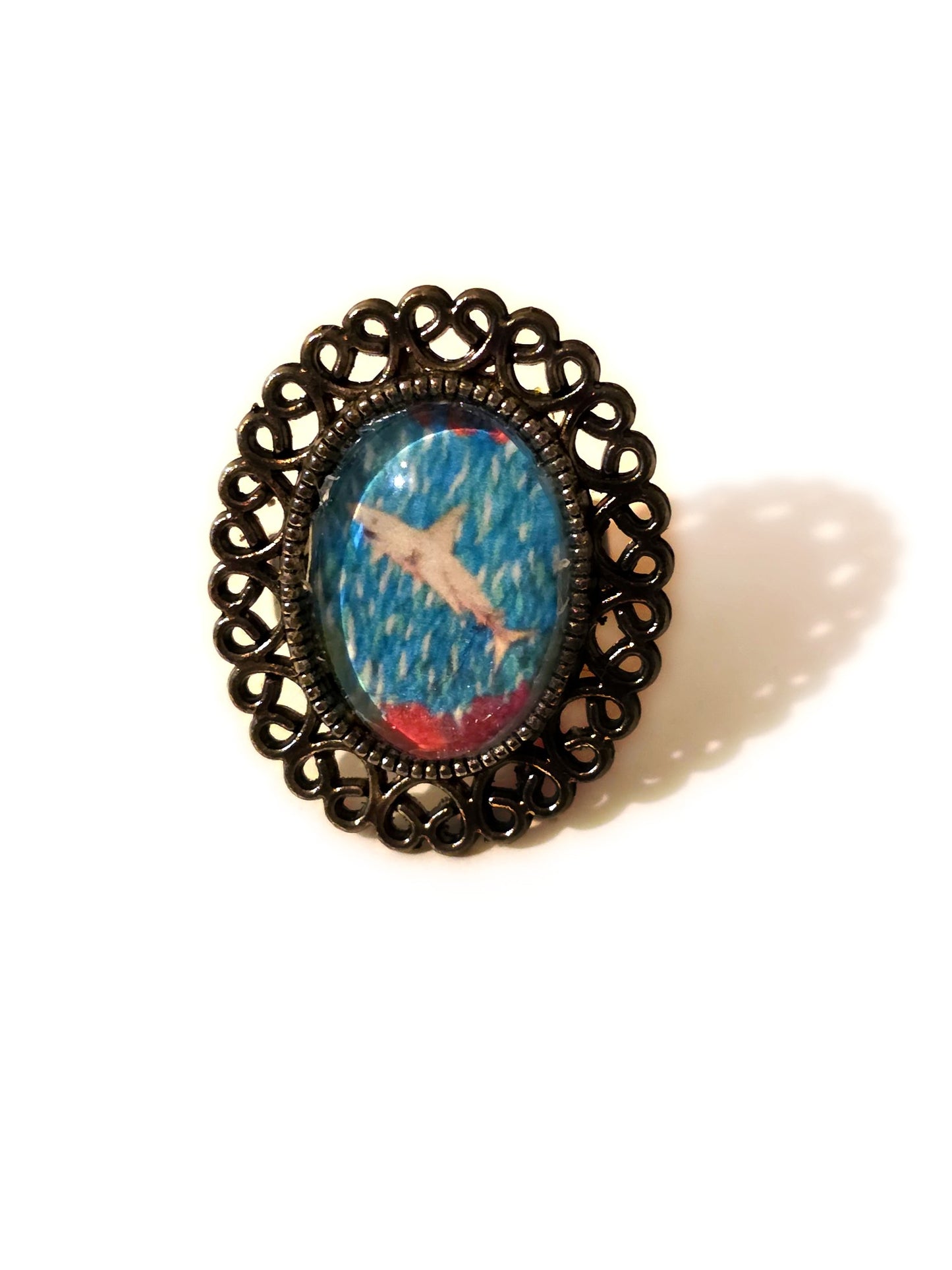 Vintage Style Shark Ring | Ocean Art Glass Cabochon Jewelry | Antique Bronze Filigree Statement Ring