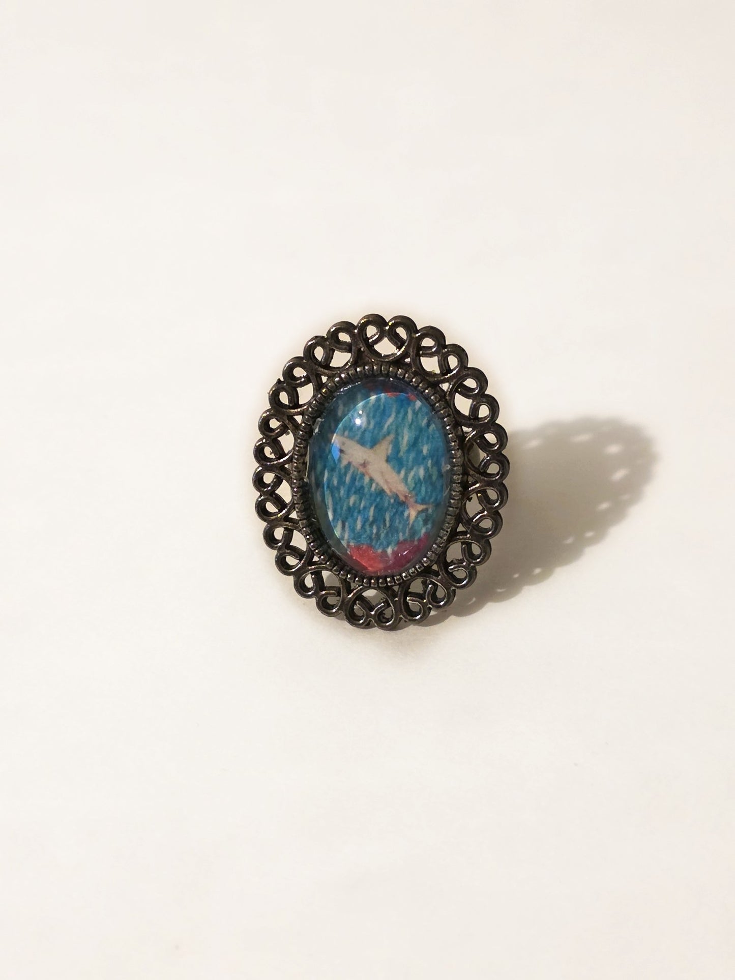 Vintage Style Shark Ring | Ocean Art Glass Cabochon Jewelry | Antique Bronze Filigree Statement Ring