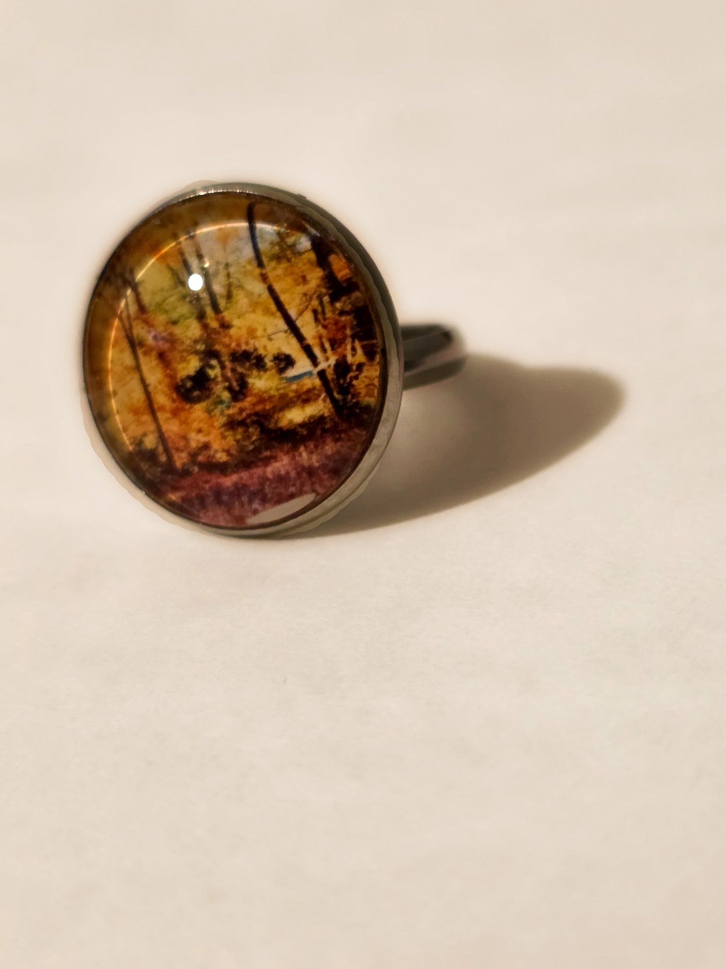 Autumn Forest Cabochon Ring | Vintage Fall Trees Landscape Jewelry | Nature-Inspired Adjustable Ring