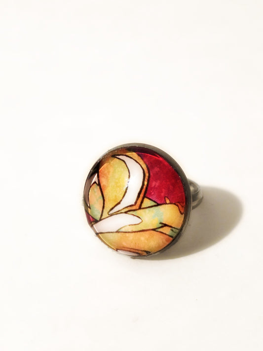 Two Lovers Handmade Fine Art Ring – Abstract Expressionist Glass Cabochon Ring, Romantic Warm Tone Statement Jewelry