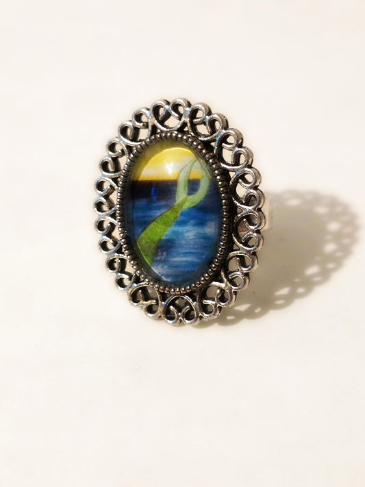 Handmade Mermaid Tail Sunset Ring – Antique Silver Filigree Statement Ring, Oceanic Fine Art Glass Cabochon Jewelry