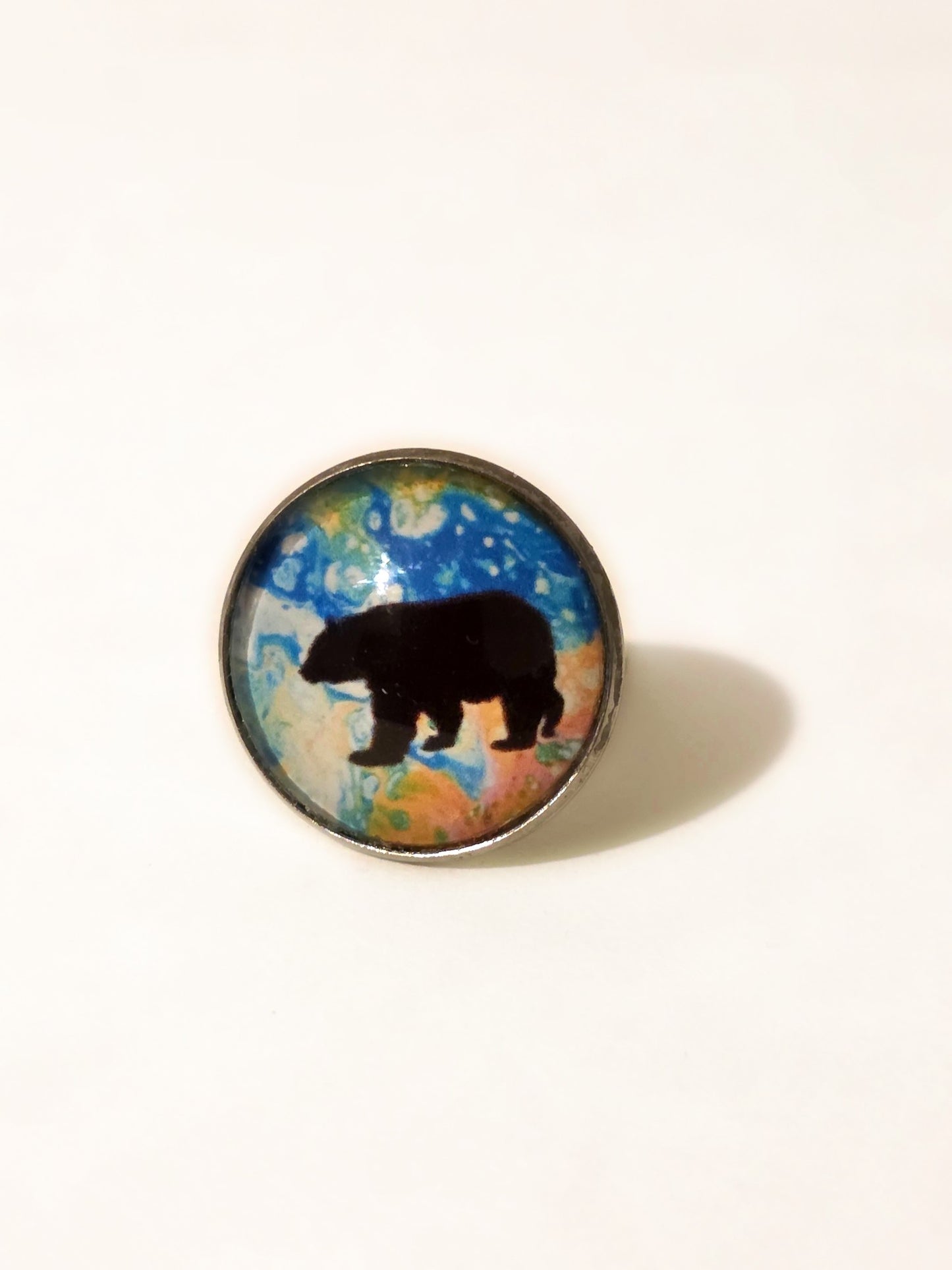 Handmade Bear Silhouette Ring – Colorful Abstract Art Glass Cabochon Ring, Wildlife Nature Statement Jewelry