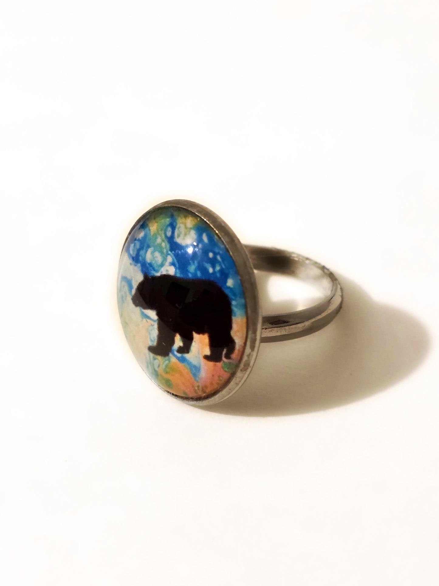 Handmade Bear Silhouette Ring – Colorful Abstract Art Glass Cabochon Ring, Wildlife Nature Statement Jewelry