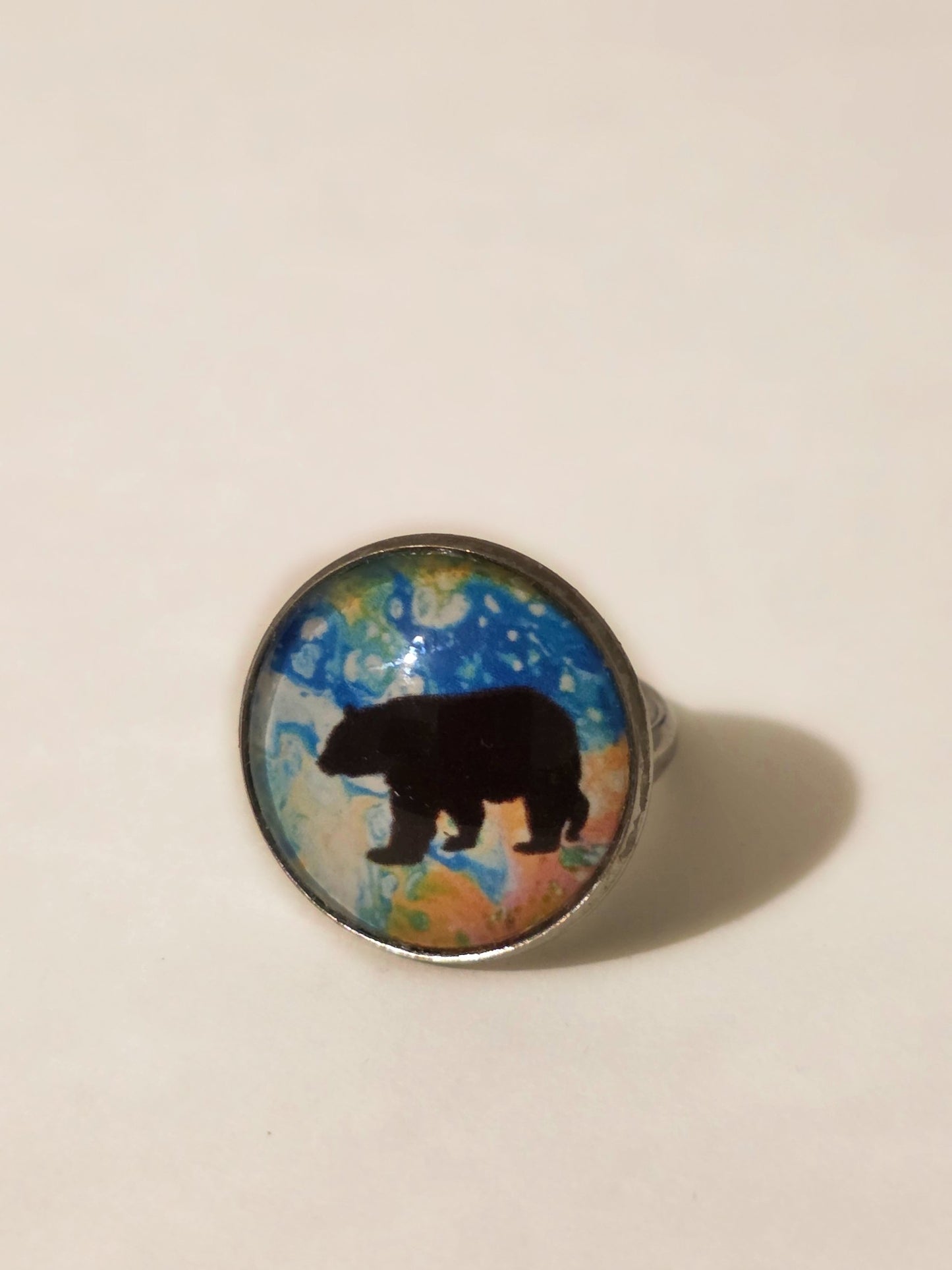 Handmade Bear Silhouette Ring – Colorful Abstract Art Glass Cabochon Ring, Wildlife Nature Statement Jewelry